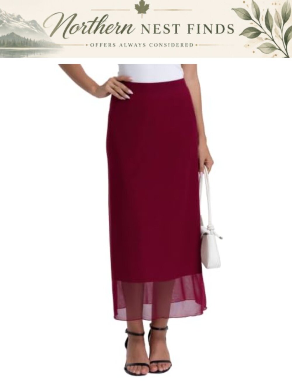 Elastic Waist A-Line Flowy Midi Skirt with Lining Business Casual